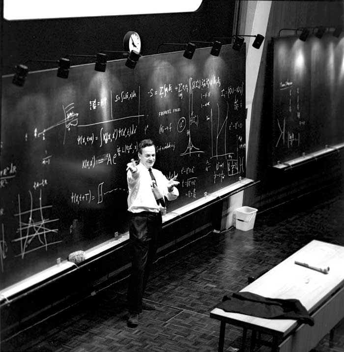 Richard Feynman, a Nobel-prize winning theoretical physicist, widely known for his work in the path integral formulation of Quantum Mechanics, delivering a lecture at Conseil Européen pour la Recherche Nucléaire ('European Council for Nuclear Research').