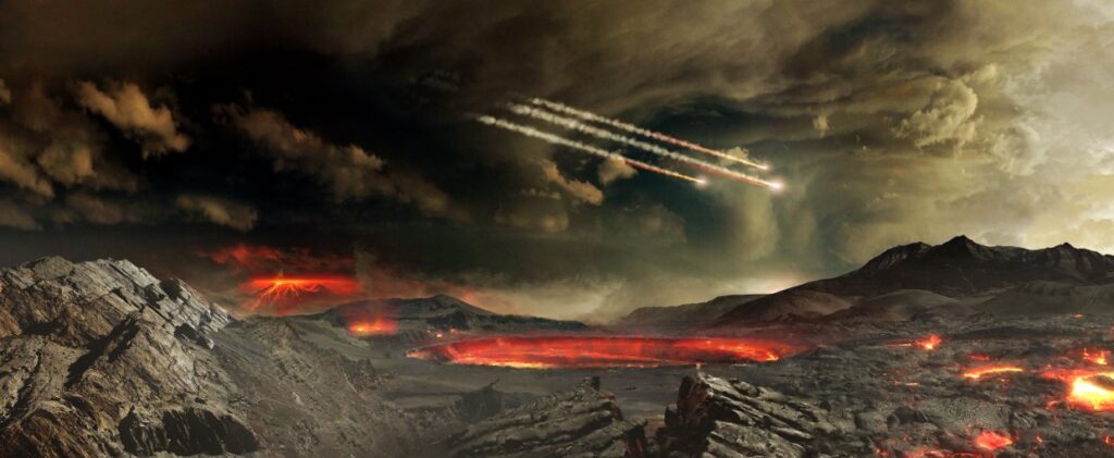 Early Earth being bombarded by asteroids.